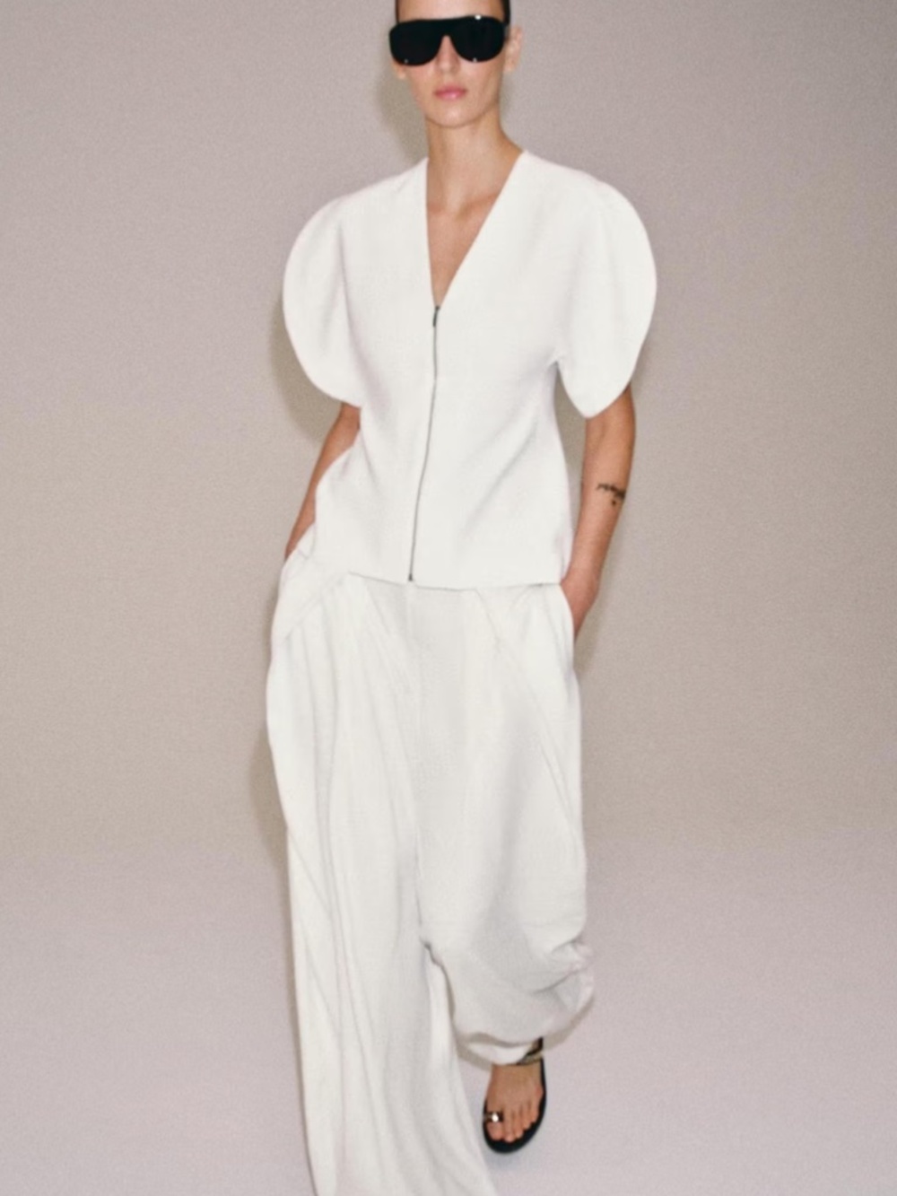 Zara ZW Collection White Zip Up Top